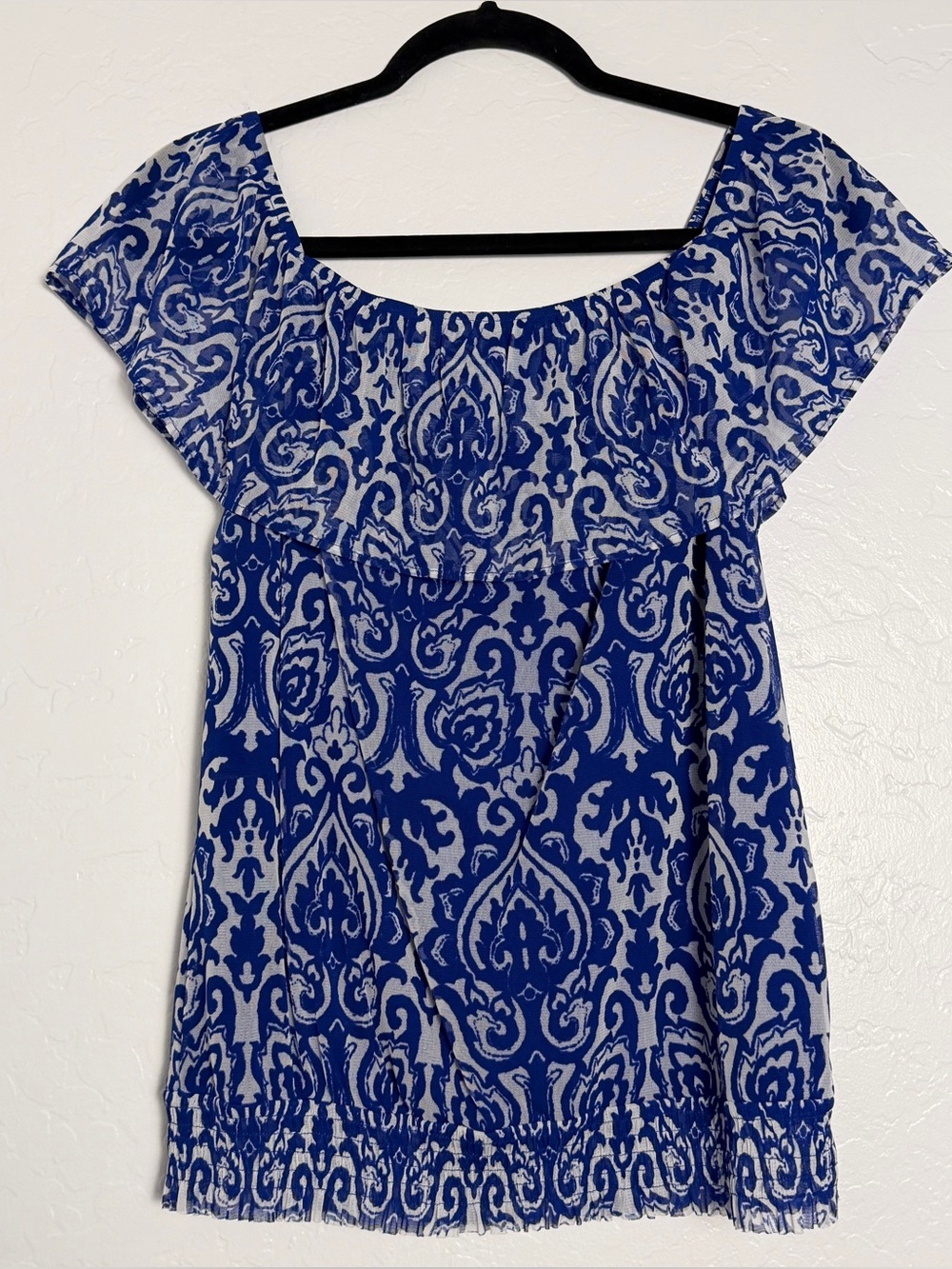 INC Women's Medium Pullover Blouse Blue/White Paisley Off-Shoulder Semi-Sheer